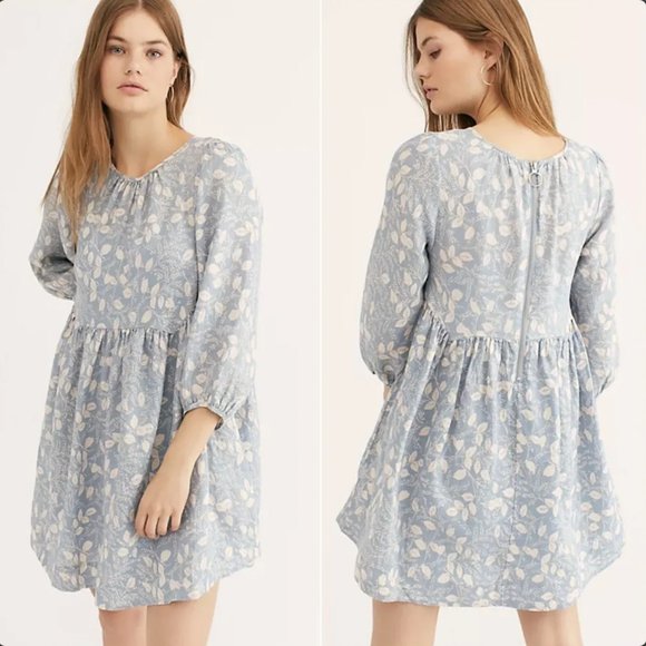 Free People Paper Hearts Linen Babydoll Mini Dress Blue w Leaf Print FP - Picture 1 of 3